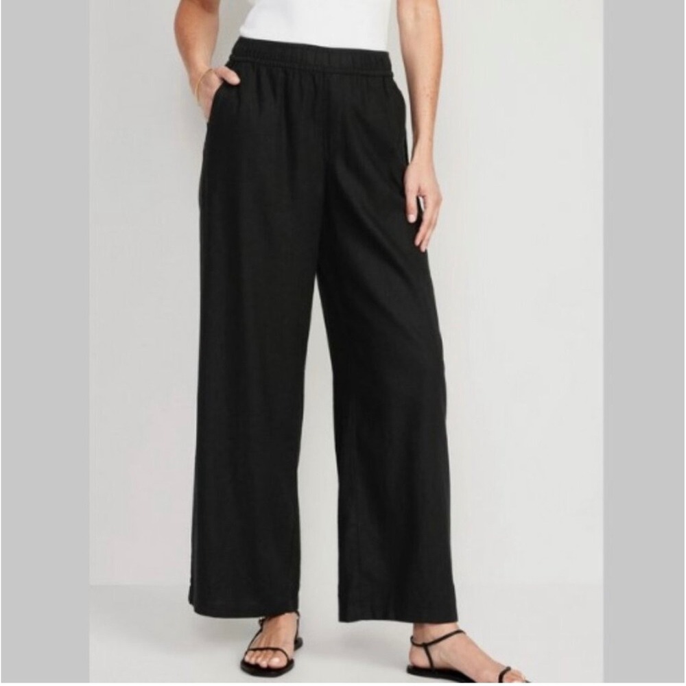Old Navy Linen Blend Wide Leg Pants Womens L Black NWT Drawstring Relaxed Summer
